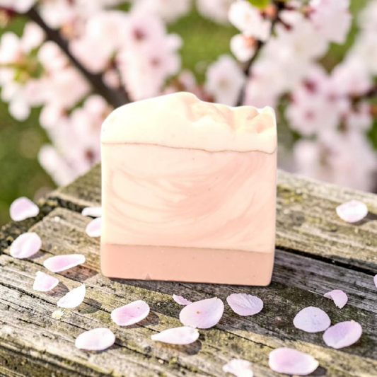 Handmade sakura cherry blossom soap bar with shea butter, kaolin clay and botanical oils for luxurious floral skincare and self-care rituals by Snuzhat Care