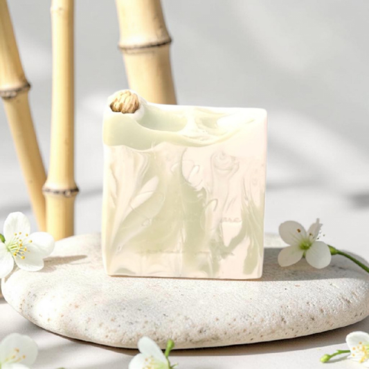 Handmade bamboo jasmine soap bar with shea butter, kaolin clay and botanical oils for luxurious floral skincare and self-care rituals by Snuzhat Care