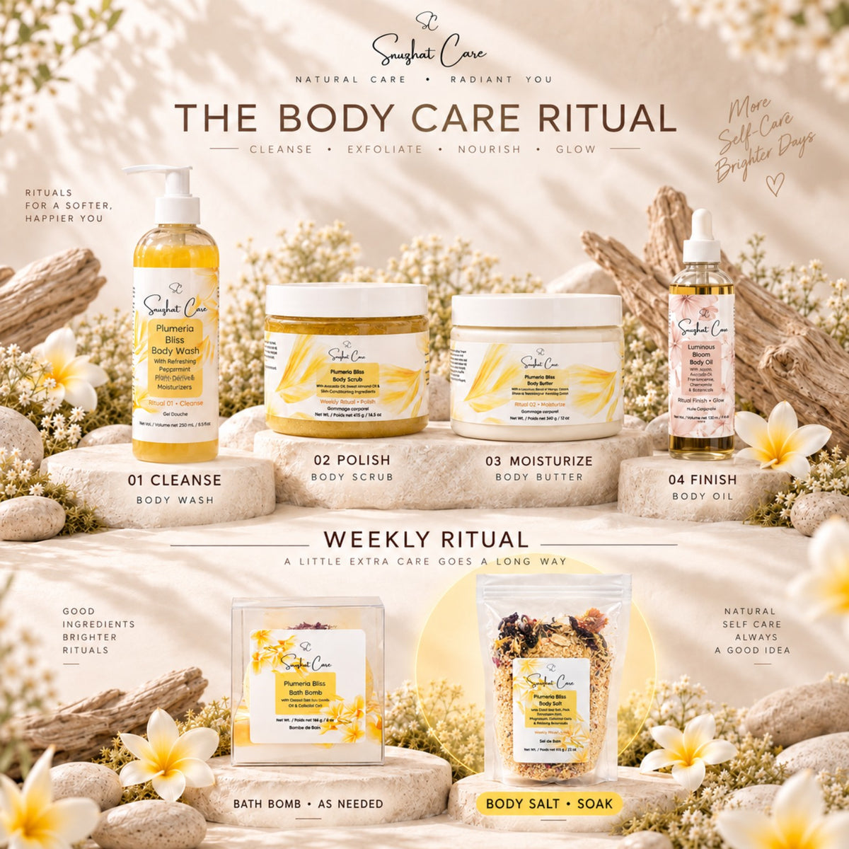 The Body Care Ritual with Plumeria Bliss Bath Salt highlighted