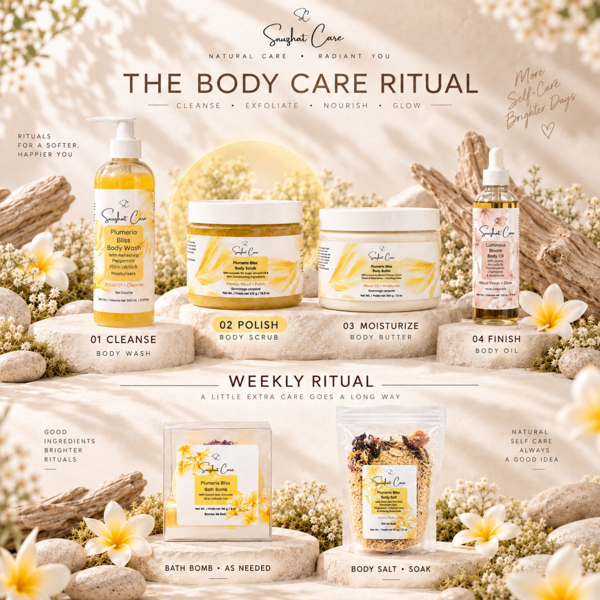Body Care Ritual with Plumeria Bliss Sugar Body Scrub highlighted