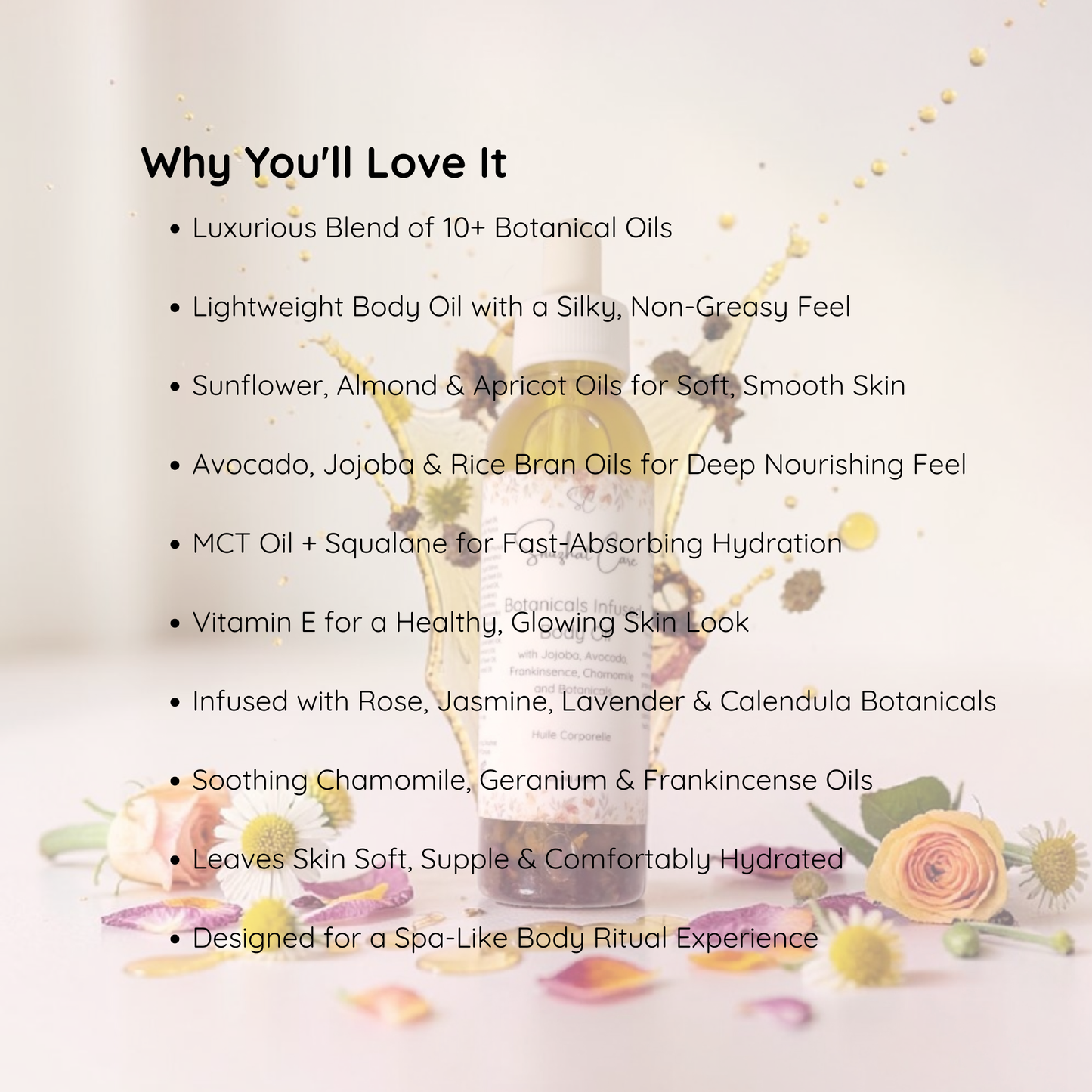 Luxury botanical body oil with squalane, jojoba oil, floral botanicals and essential oils for radiant hydrated skin and spa self-care rituals by Snuzhat Care