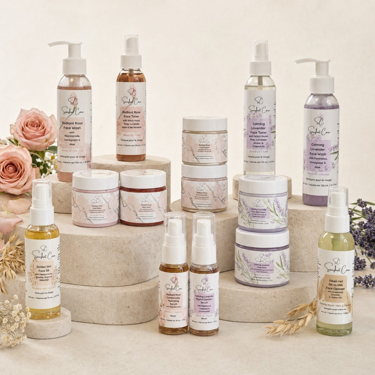 Snuzhat Care complete Radiant Rose, Calming Lavender, face oil and oil cleanser range