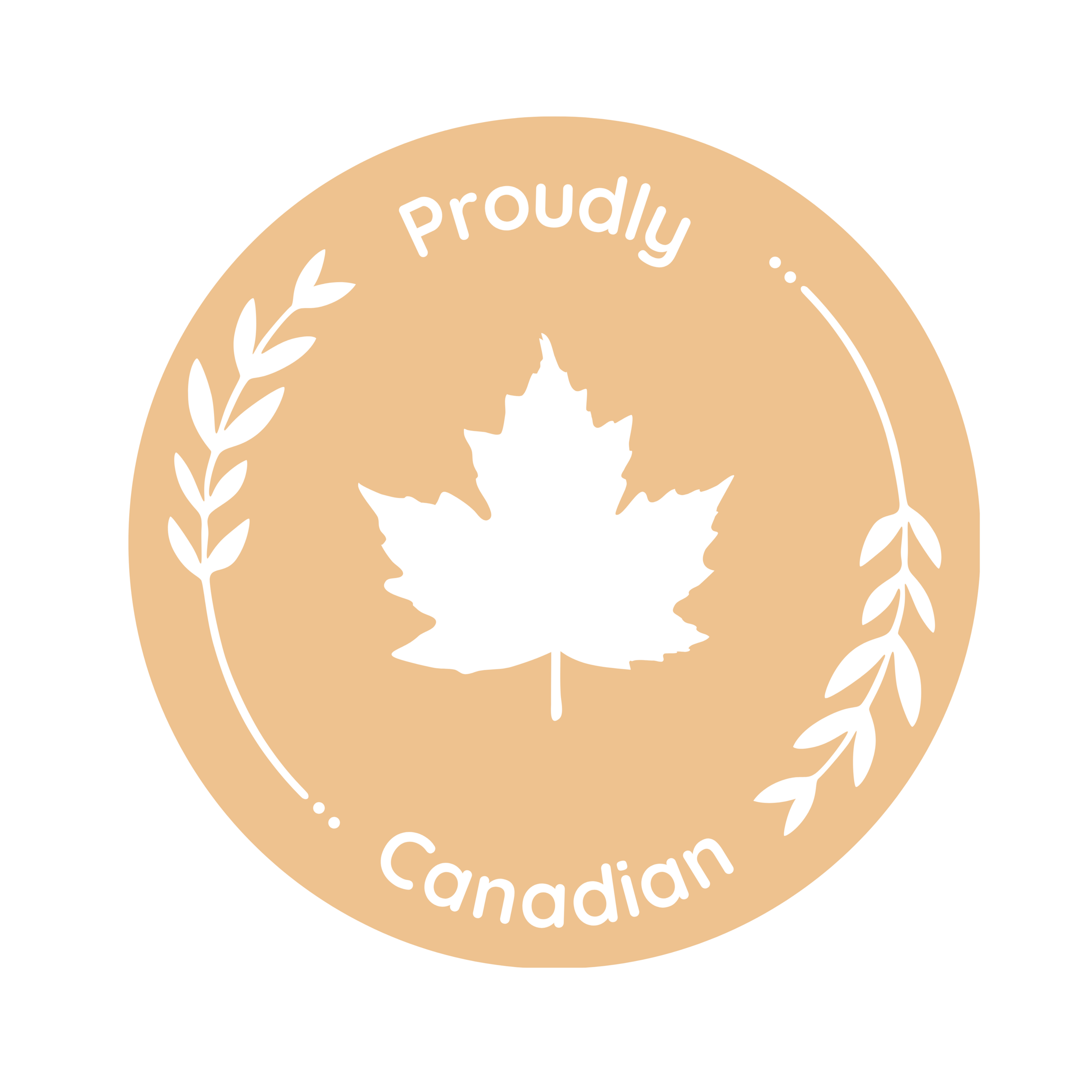 Circular badge with a white maple leaf and 'Proudly Canadian' text on a beige background