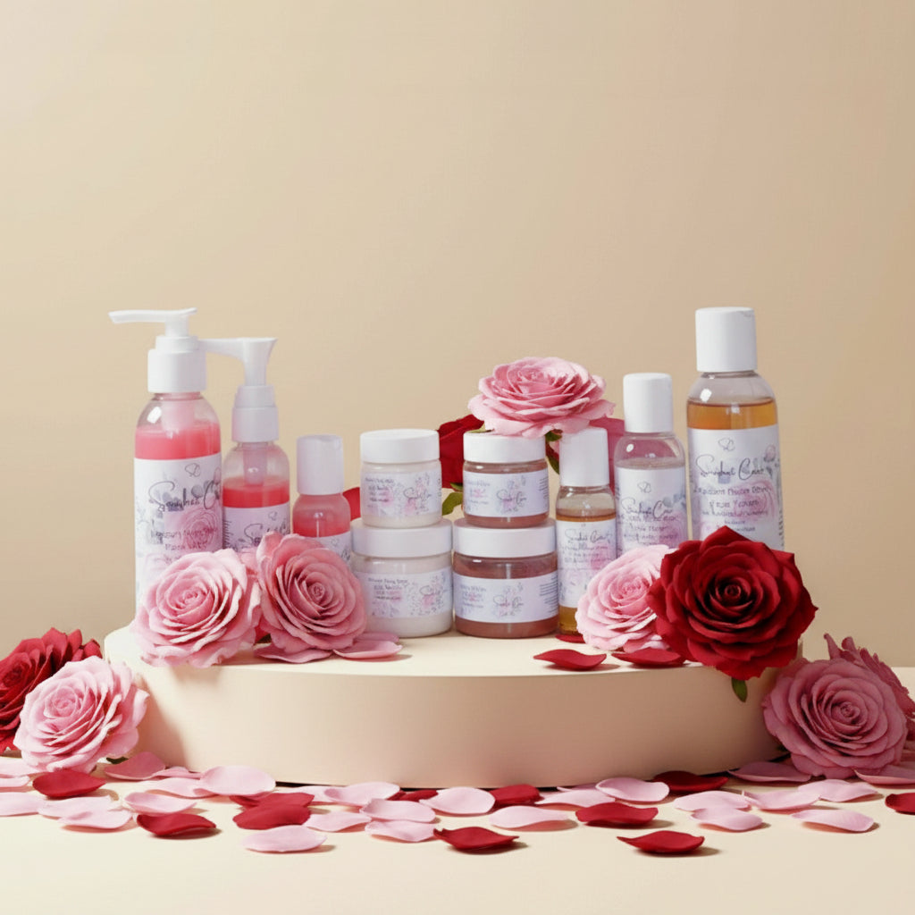 Luxury Radiant Rose Dew skincare collection featuring botanical face wash, toner, cream and exfoliating scrub with rose hydrosol, niacinamide and pink clay for glowing self-care rituals by Snuzhat Care