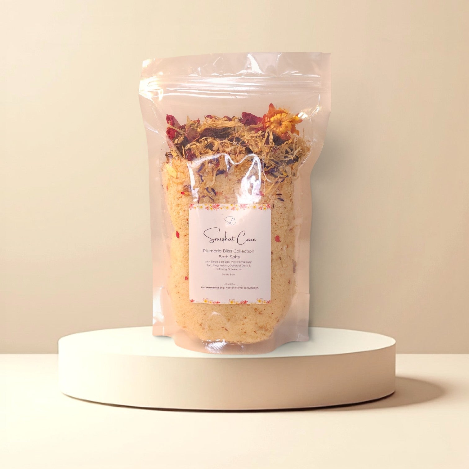 Luxury plumeria bath salt soak with epsom salt, dead sea salt, colloidal oats and jojoba oil for tropical spa self-care rituals by Snuzhat Care