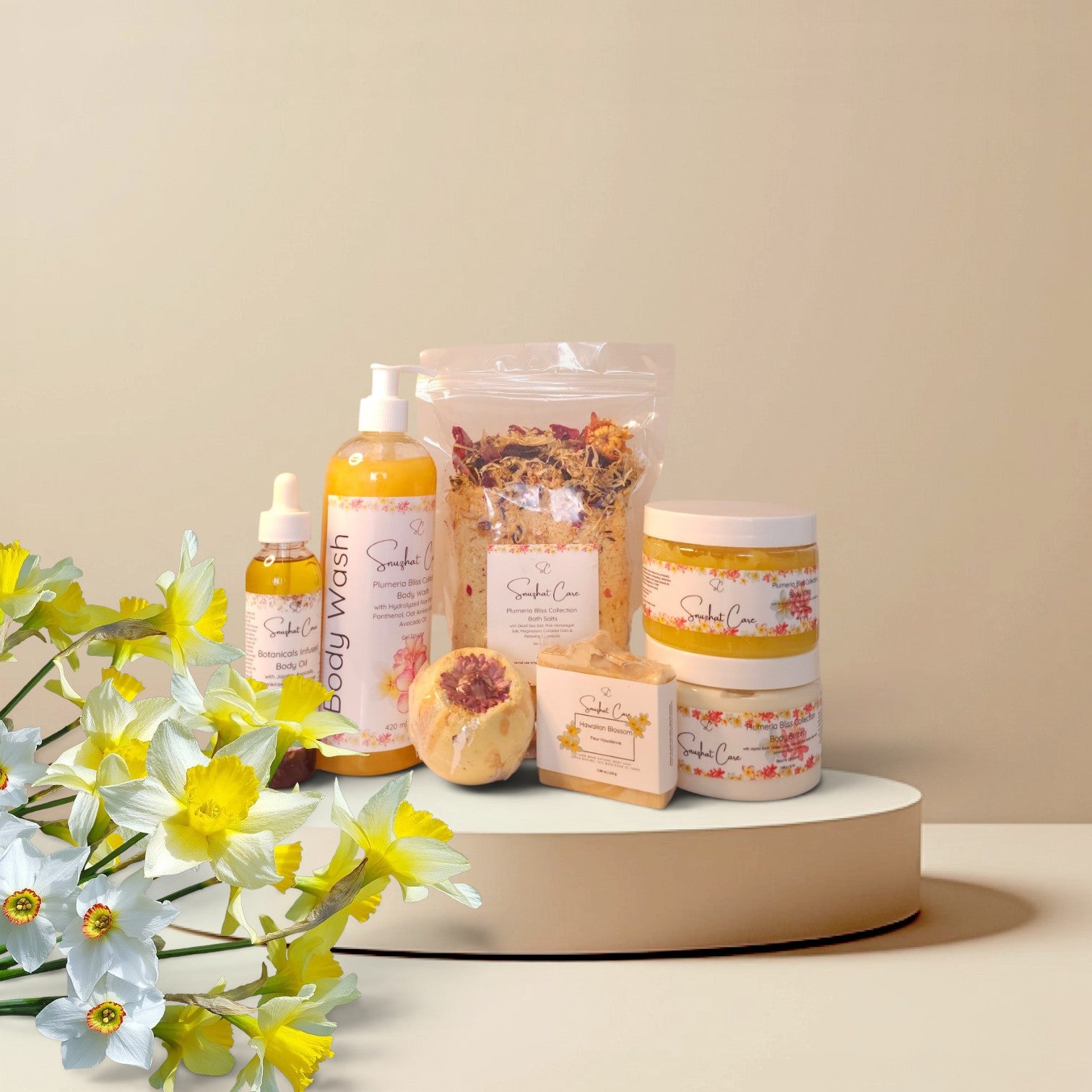 Luxury plumeria body butter with shea butter, kokum butter, jojoba oil and botanical hydrosols for silky hydrated skin and tropical self-care rituals by Snuzhat Care