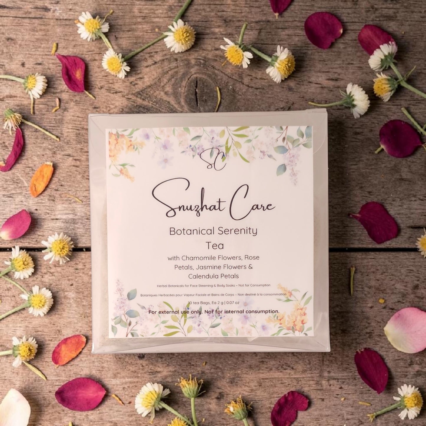 Luxury botanical bath tea soak bags with dried jasmine, hibiscus, rose, calendula and chamomile flowers for relaxing bath soaks, foot soaks and spa self-care rituals by Snuzhat Care