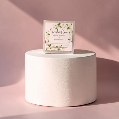 Luxury botanical bath tea soak bags with dried jasmine, hibiscus, rose, calendula and chamomile flowers for relaxing bath soaks, foot soaks and spa self-care rituals by Snuzhat Care