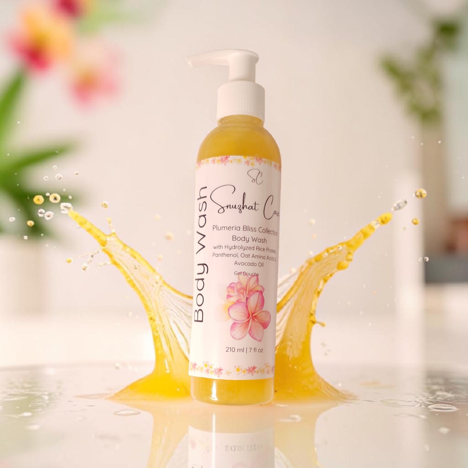 Luxury plumeria body and bath collection featuring body wash, body butter, scrub, bath salts, bath bombs and handmade soap for tropical spa self-care by Snuzhat Care