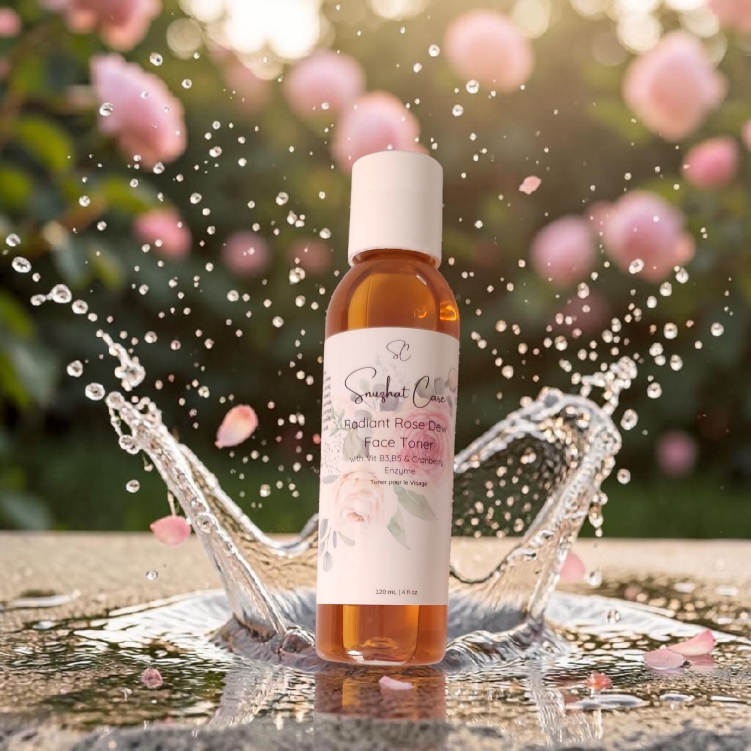 Hydrating rose face toner with rose hydrosol, niacinamide, aloe vera and witch hazel for botanical skincare and glowing self-care rituals by Snuzhat Care