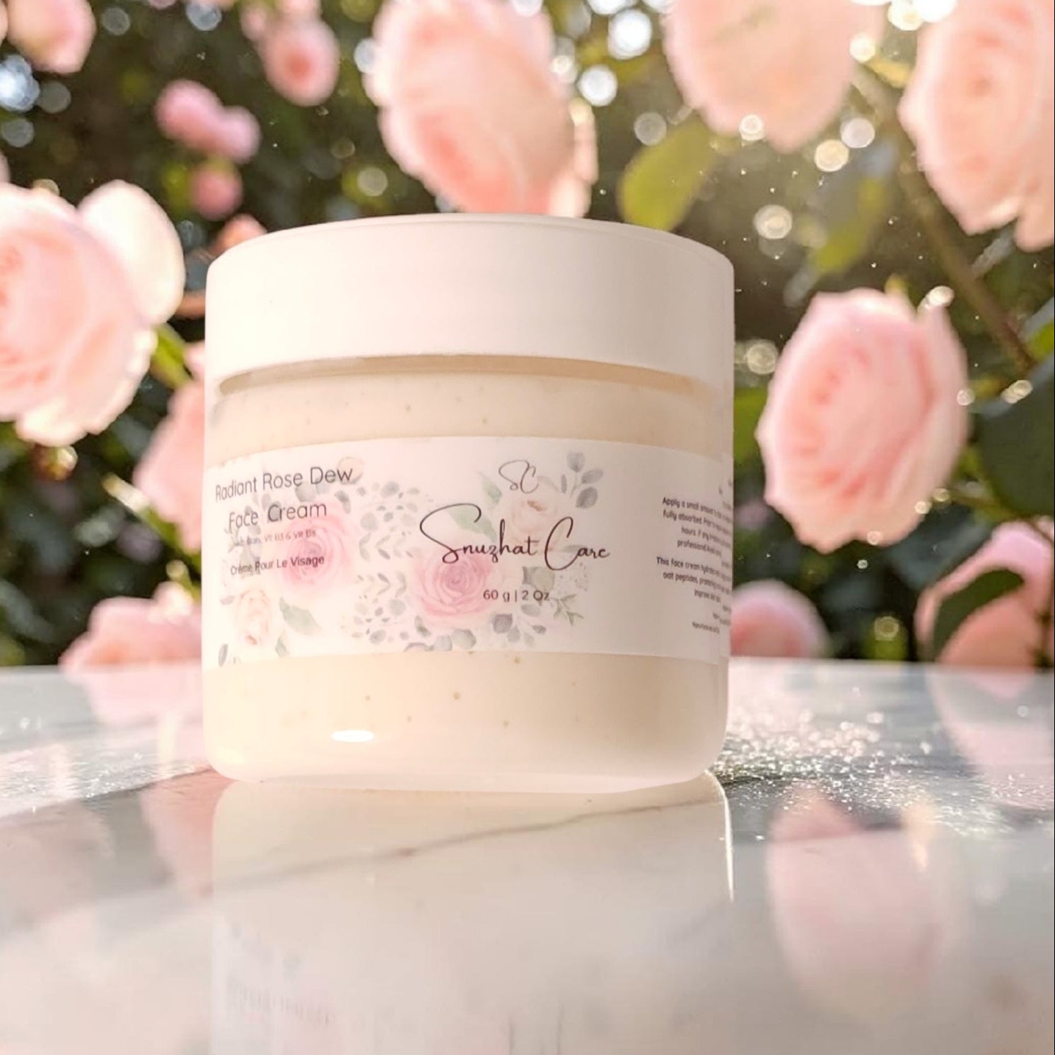 Lightweight rose face cream with niacinamide, rose hydrosol, jojoba oil and aloe vera for hydrating botanical skincare and daily self-care rituals by Snuzhat Care