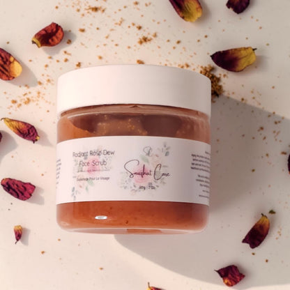 Luxury rose face scrub with bamboo extract, apricot seed powder and pink kaolin clay for gentle botanical exfoliating skincare by Snuzhat Care