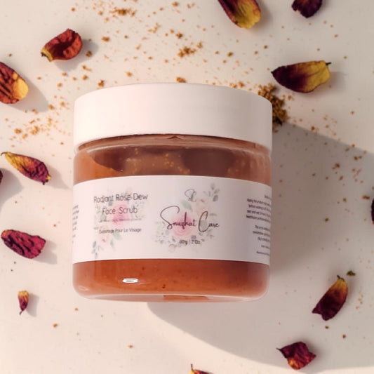 Luxury rose face scrub with bamboo extract, apricot seed powder and pink kaolin clay for gentle botanical exfoliating skincare by Snuzhat Care