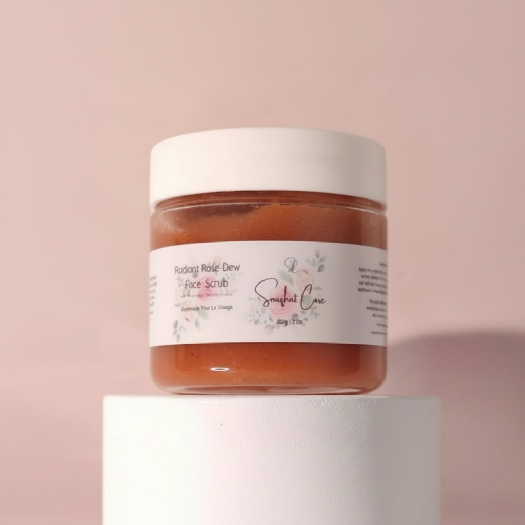 Luxury rose face scrub with bamboo extract, apricot seed powder and pink kaolin clay for gentle botanical exfoliating skincare by Snuzhat Care