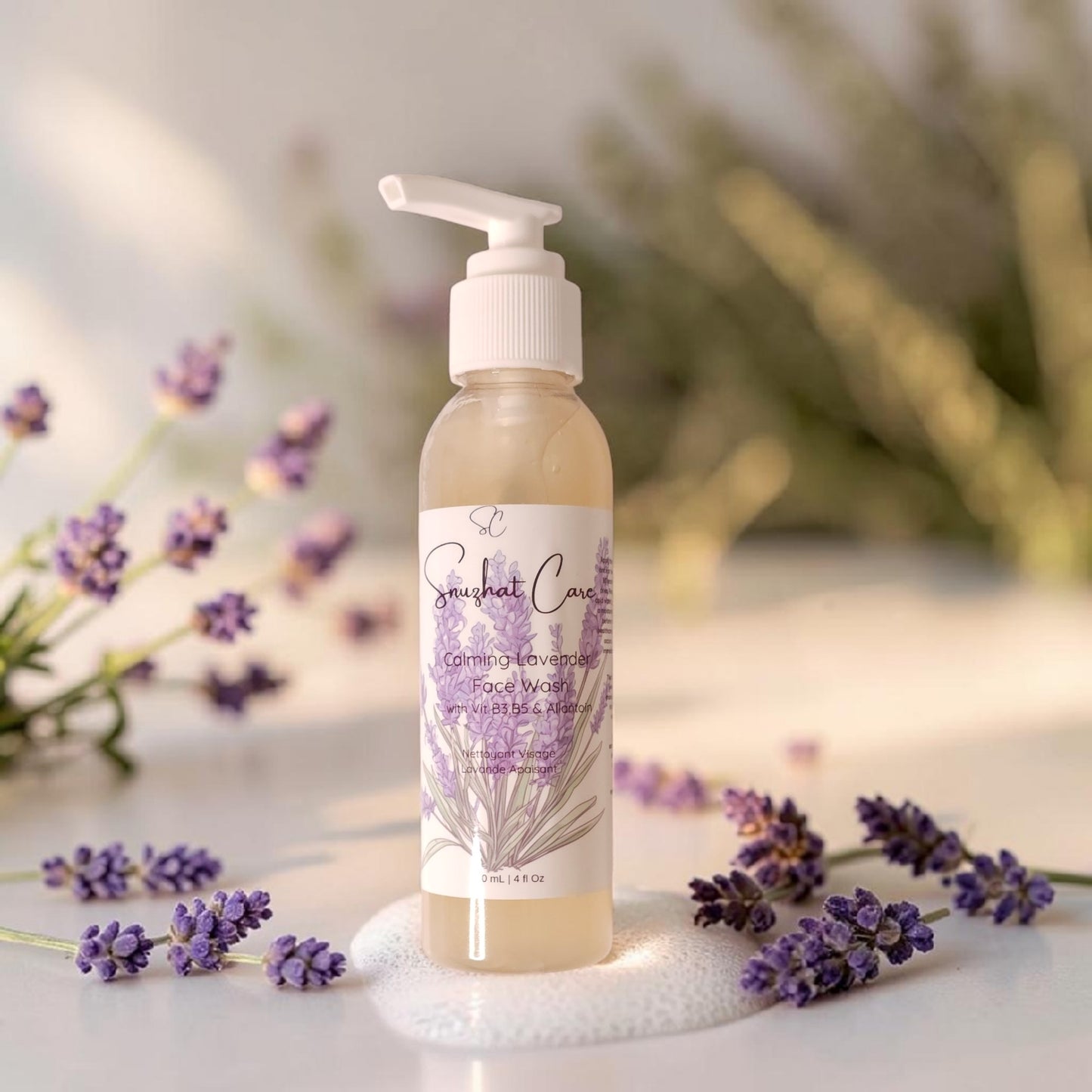 Gentle lavender face wash with niacinamide, aloe vera, witch hazel and lavender flower water for calming botanical skincare and daily cleansing rituals by Snuzhat Care