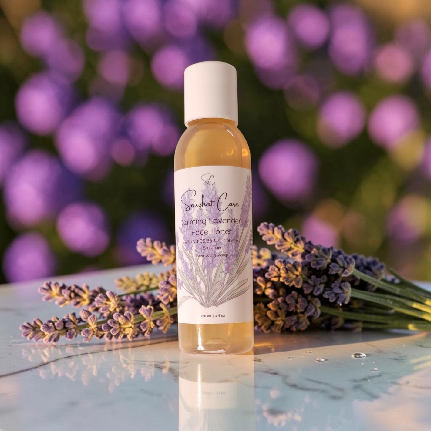 Hydrating lavender face toner with witch hazel, niacinamide, aloe vera and lavender flower water for calming botanical skincare rituals by Snuzhat Care