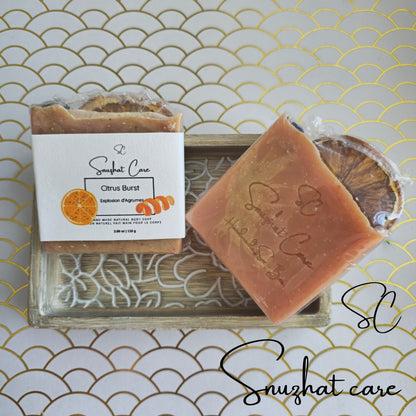 Handmade citrus soap bar with orange peel powder, shea butter, kaolin clay and botanical oils for refreshing skincare and self-care rituals by Snuzhat Care