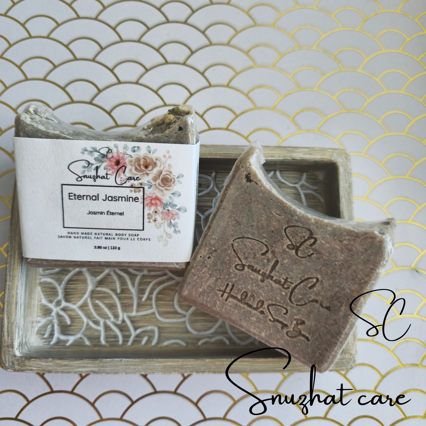 Handmade jasmine soap bar with shea butter, kaolin clay and botanical oils for luxurious floral skincare and self-care rituals by Snuzhat Care