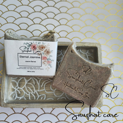 Handmade jasmine soap bar with shea butter, kaolin clay and botanical oils for luxurious floral skincare and self-care rituals by Snuzhat Care