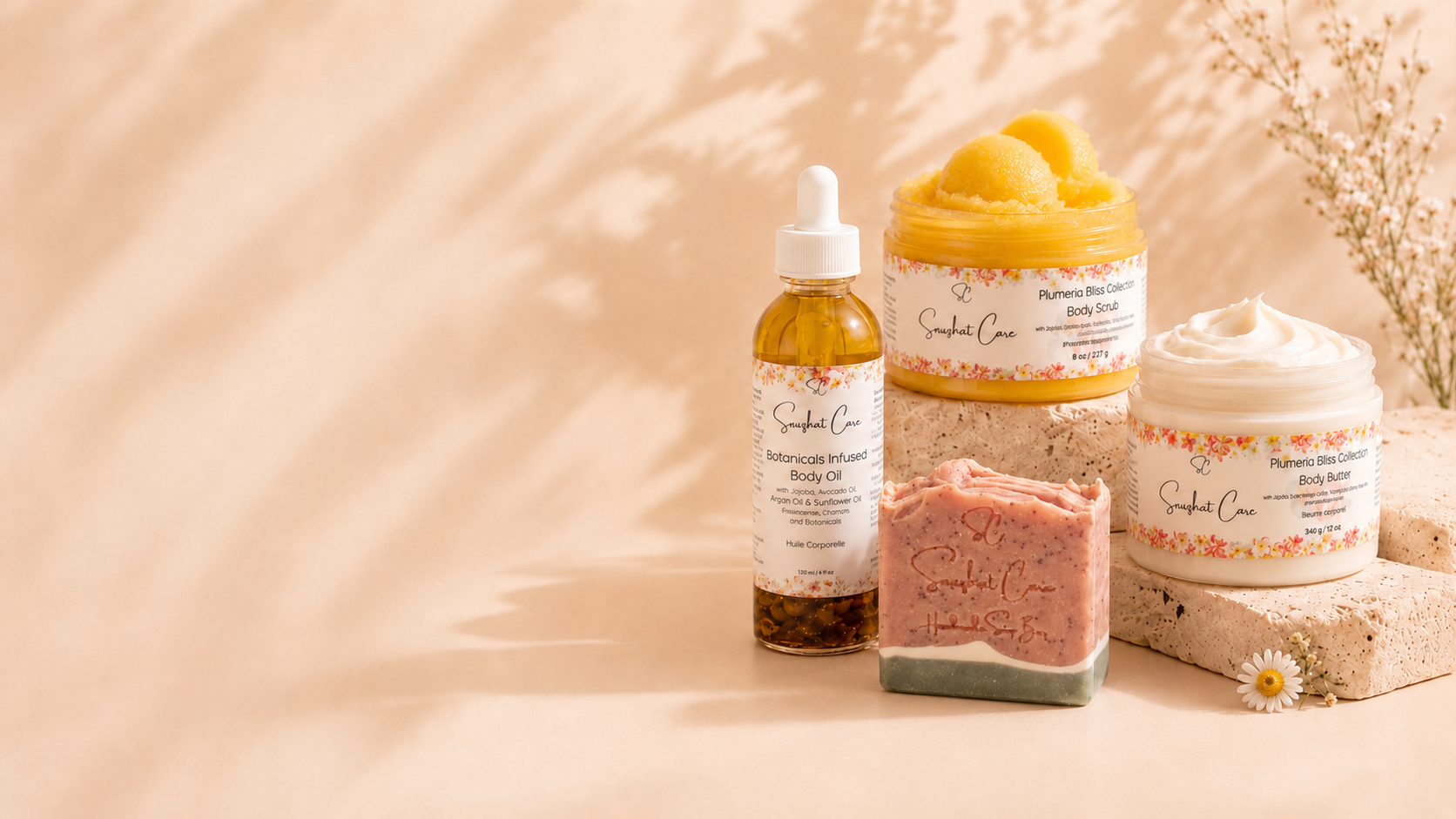 Collection of skincare products including bottles, jars, and soap on a beige background with natural light.