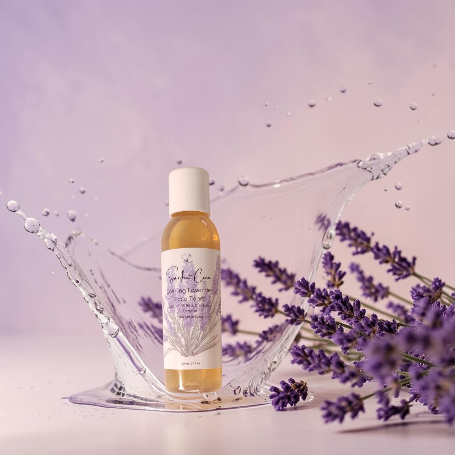 Hydrating lavender face toner with witch hazel, niacinamide, aloe vera and lavender flower water for calming botanical skincare rituals by Snuzhat Care