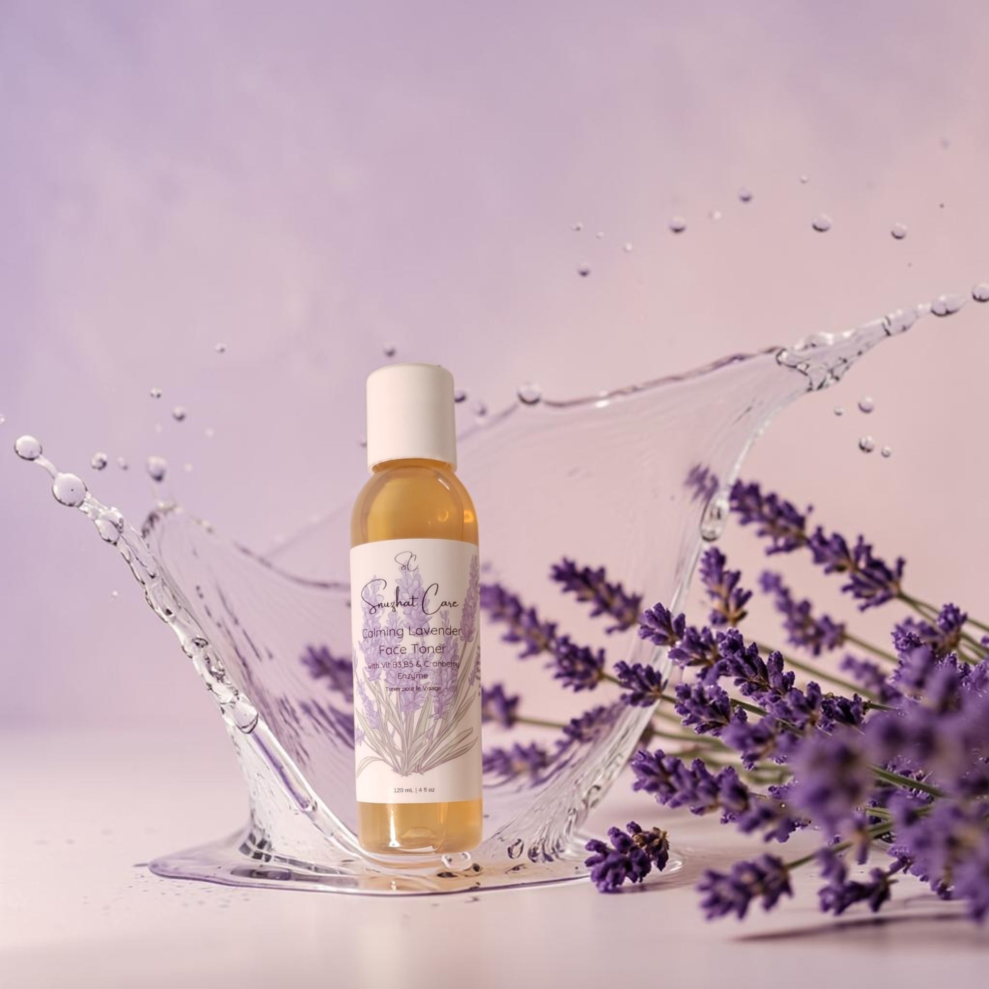 Hydrating lavender face toner with witch hazel, niacinamide, aloe vera and lavender flower water for calming botanical skincare rituals by Snuzhat Care