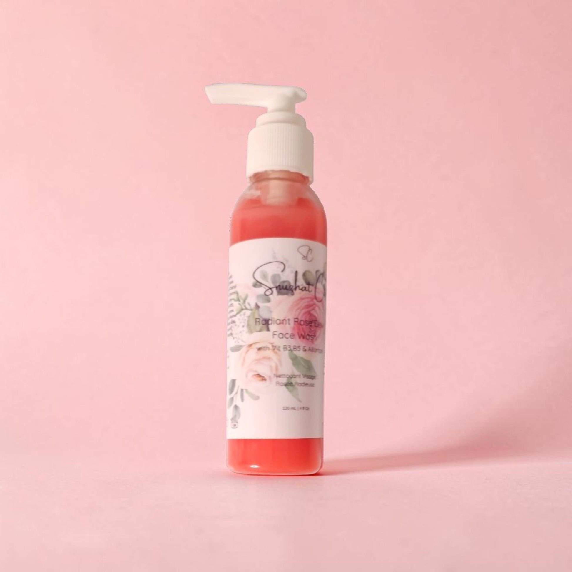Gentle rose face wash with rose hydrosol, niacinamide, aloe vera and geranium oil for hydrating botanical skincare and daily cleansing rituals by Snuzhat Care