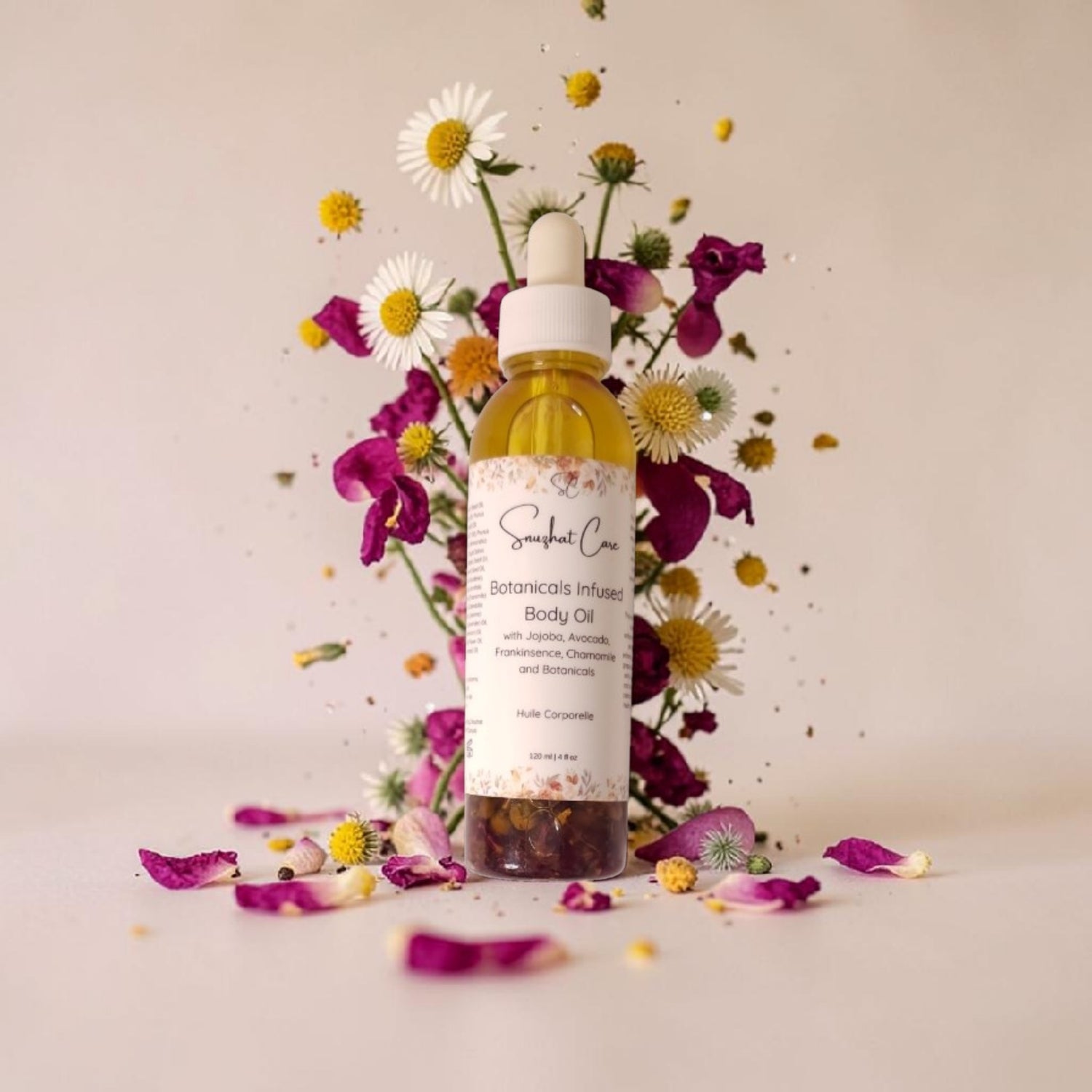 Luxury botanical body oil with squalane, jojoba oil, floral botanicals and essential oils for radiant hydrated skin and spa self-care rituals by Snuzhat Care