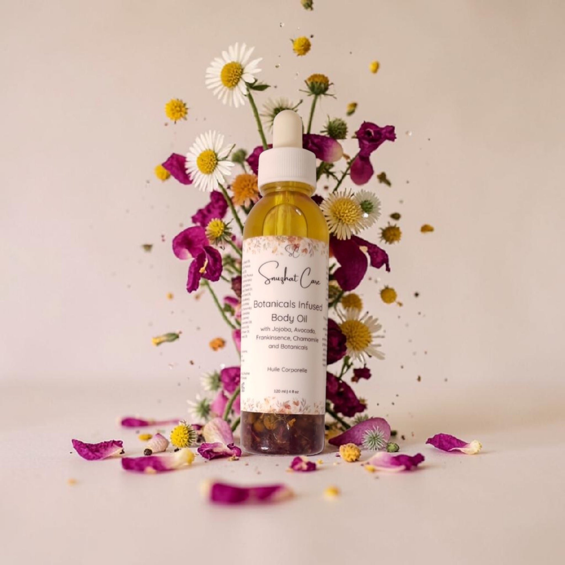 Luxury botanical body oil with squalane, jojoba oil, floral botanicals and essential oils for radiant hydrated skin and spa self-care rituals by Snuzhat Care