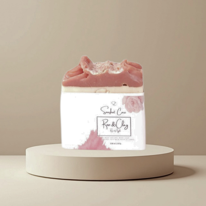 Handmade rose and clay soap bar with pink french clay, kaolin clay, shea butter and botanical oils for gentle cleansing skincare by Snuzhat Care