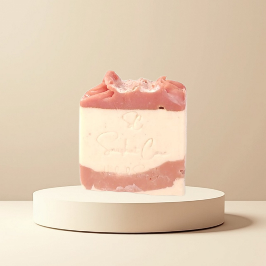 Handmade rose and clay soap bar with pink french clay, kaolin clay, shea butter and botanical oils for gentle cleansing skincare by Snuzhat Care