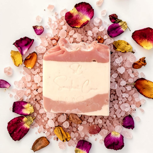 Handmade rose and clay soap bar with pink french clay, kaolin clay, shea butter and botanical oils for gentle cleansing skincare by Snuzhat Care