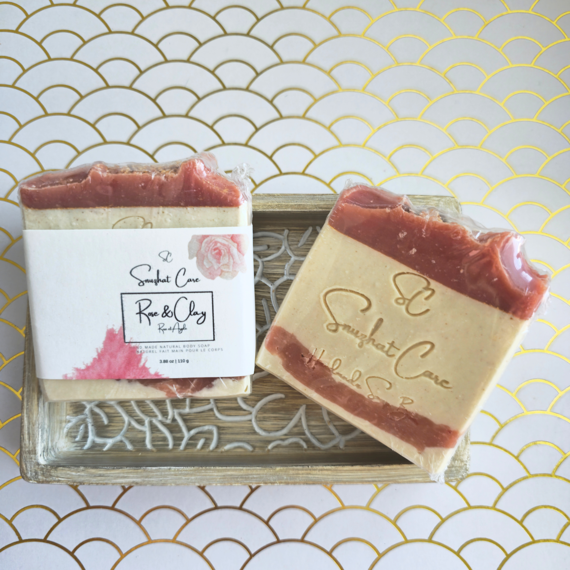 Handmade rose and clay soap bar with pink french clay, kaolin clay, shea butter and botanical oils for gentle cleansing skincare by Snuzhat Care