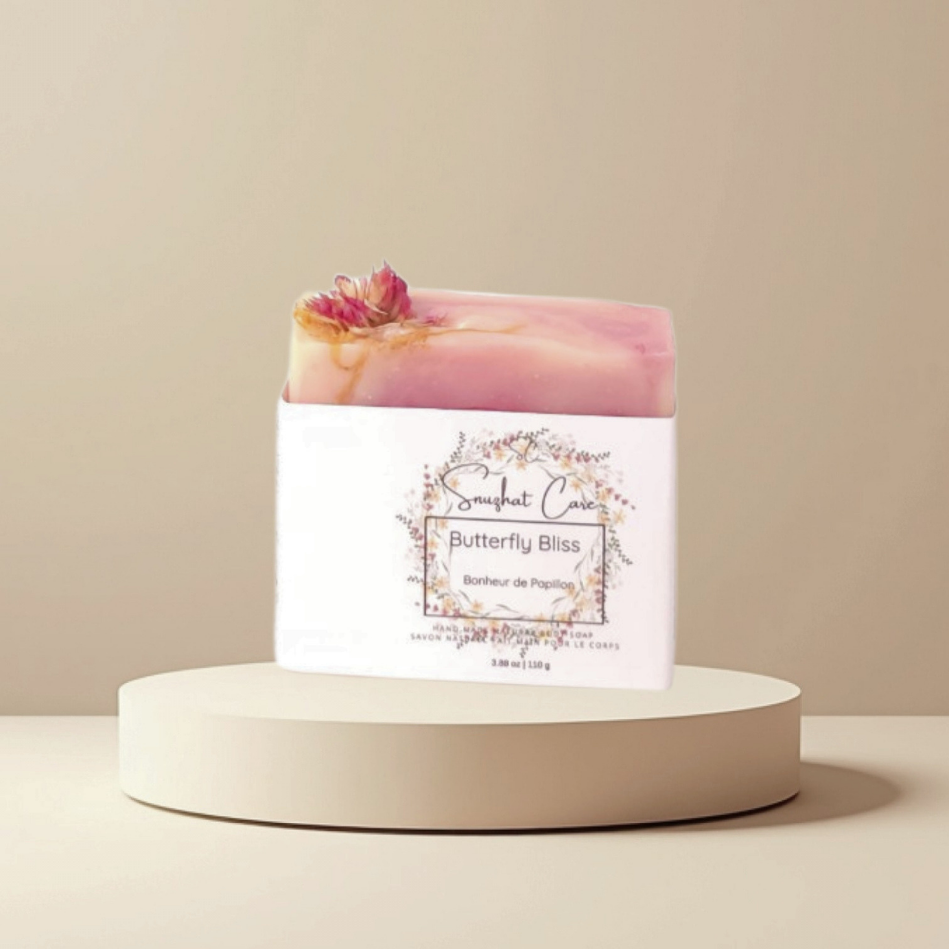 Handmade butterfly bliss floral soap bar with shea butter, kaolin clay and botanical oils for luxurious botanical skincare and self-care rituals by Snuzhat Care