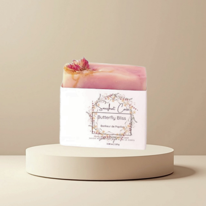Handmade butterfly bliss floral soap bar with shea butter, kaolin clay and botanical oils for luxurious botanical skincare and self-care rituals by Snuzhat Care
