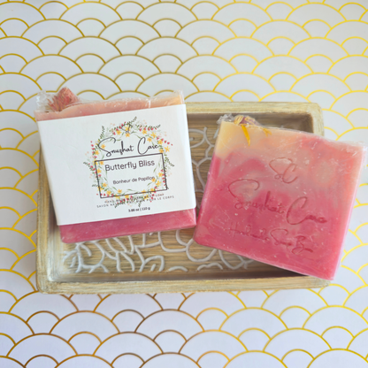 Handmade butterfly bliss floral soap bar with shea butter, kaolin clay and botanical oils for luxurious botanical skincare and self-care rituals by Snuzhat Care