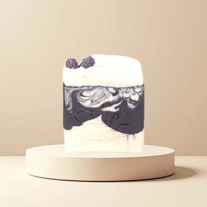 Handmade midnight berry charcoal soap bar with shea butter, kaolin clay and botanical oils for refreshing cleansing skincare by Snuzhat Care
