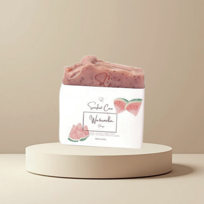 Handmade watermelon soap bar with shea butter, poppy seeds and kaolin clay for gentle exfoliation and nourishing skincare by Snuzhat Care