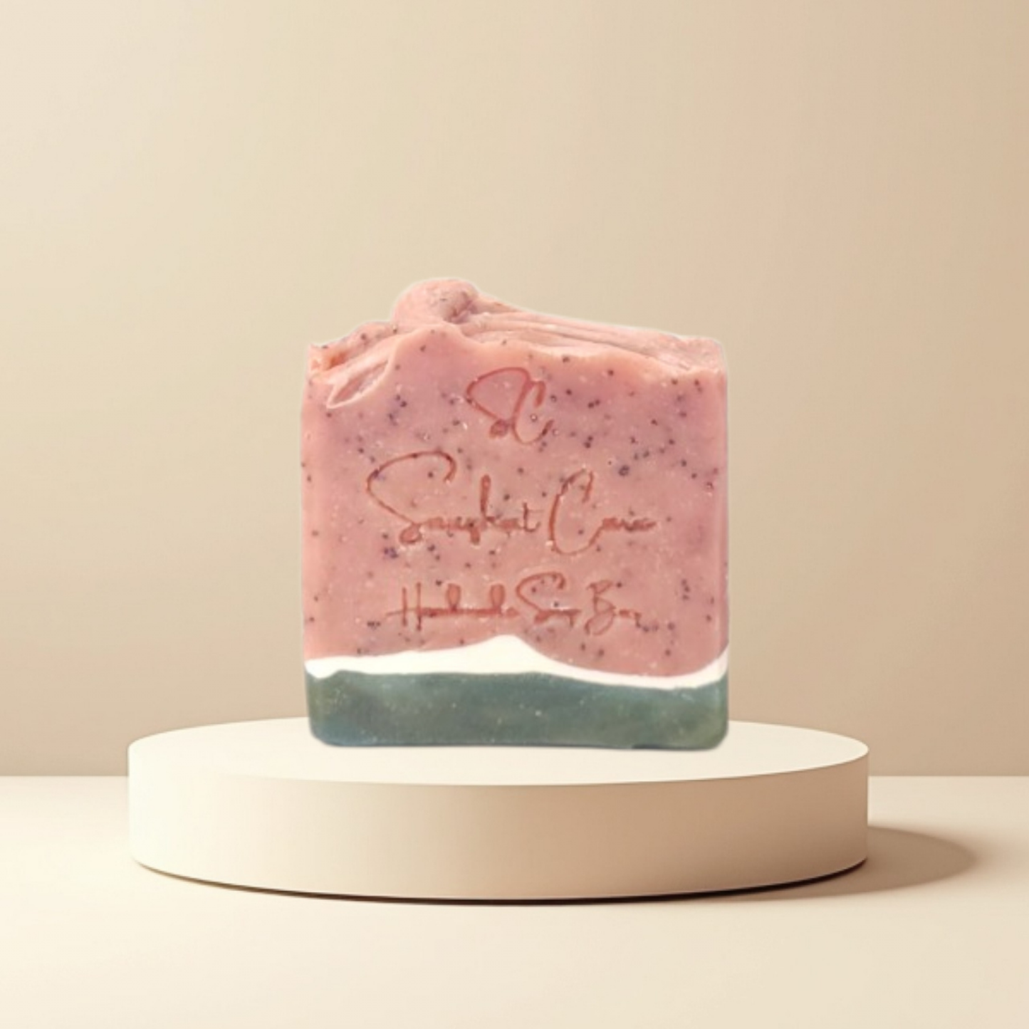 Handmade watermelon soap bar with shea butter, poppy seeds and kaolin clay for gentle exfoliation and nourishing skincare by Snuzhat Care