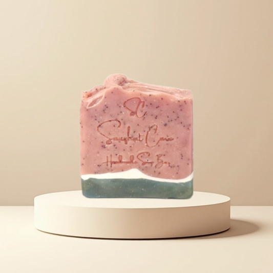 Handmade watermelon soap bar with shea butter, poppy seeds and kaolin clay for gentle exfoliation and nourishing skincare by Snuzhat Care