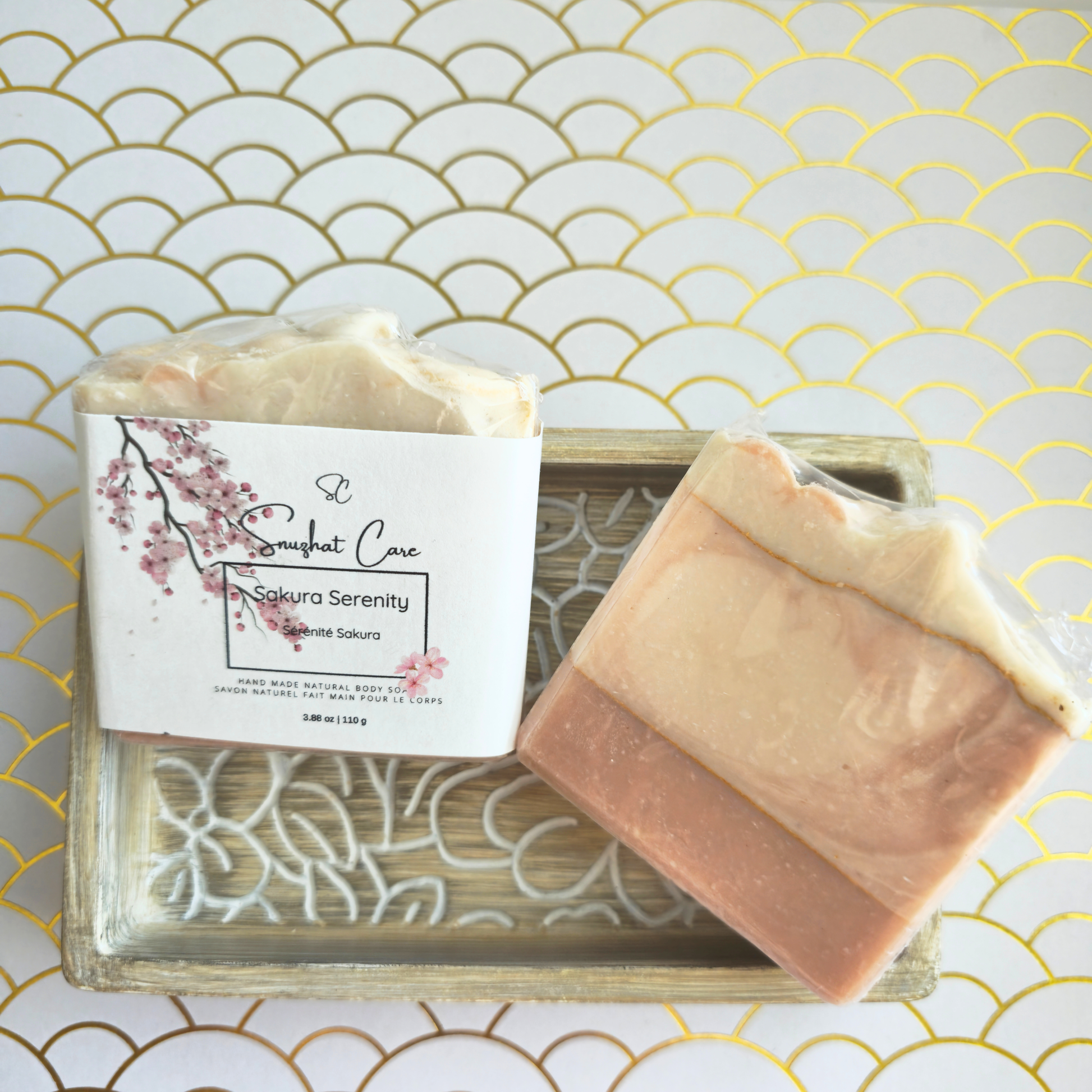 Handmade sakura cherry blossom soap bar with shea butter, kaolin clay and botanical oils for luxurious floral skincare and self-care rituals by Snuzhat Care