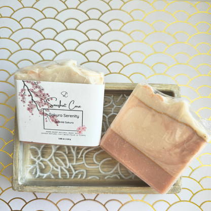 Handmade sakura cherry blossom soap bar with shea butter, kaolin clay and botanical oils for luxurious floral skincare and self-care rituals by Snuzhat Care