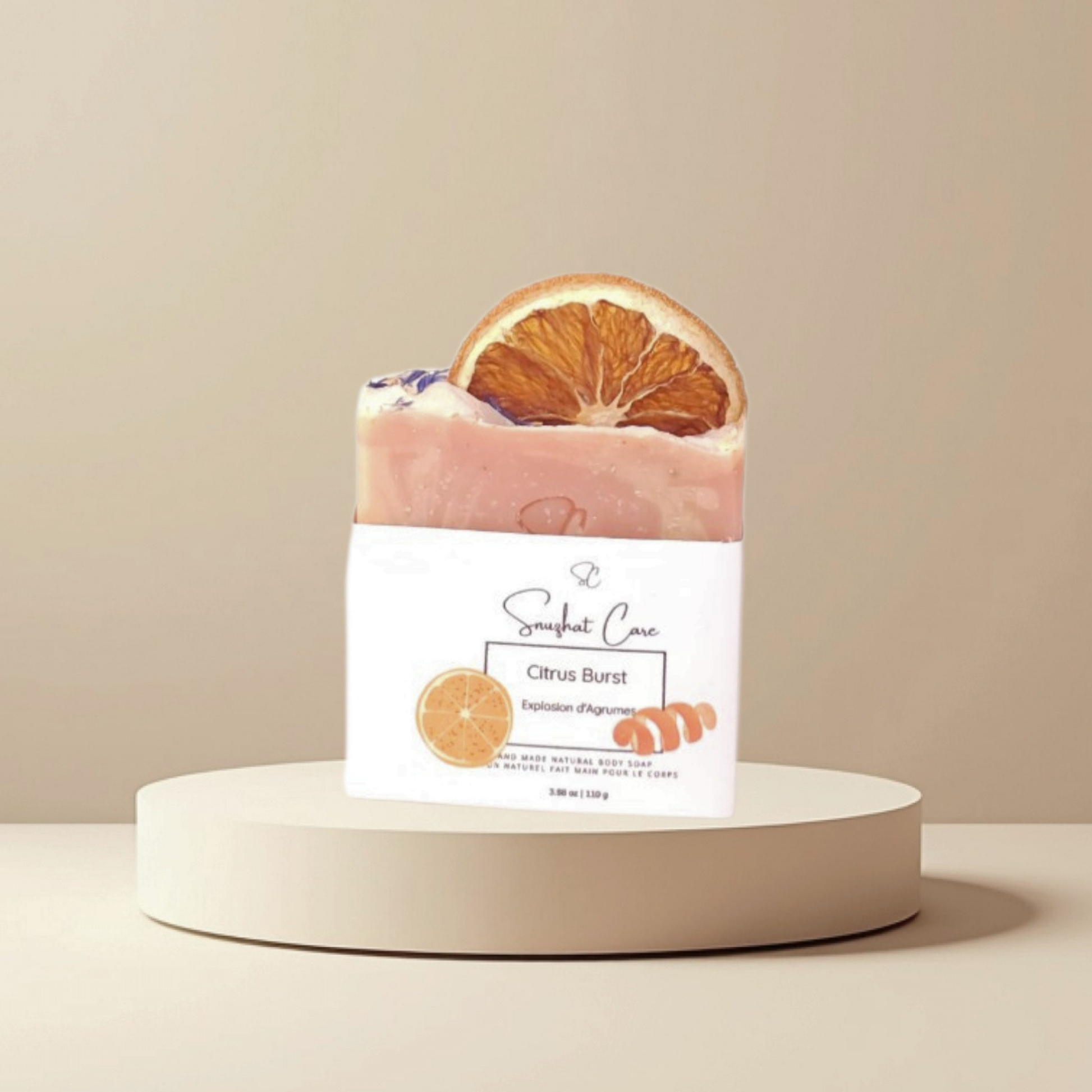 Handmade citrus soap bar with orange peel powder, shea butter, kaolin clay and botanical oils for refreshing skincare and self-care rituals by Snuzhat Care