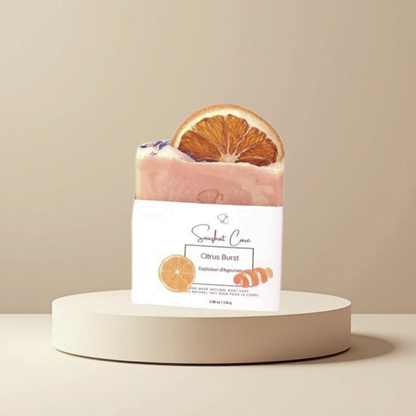 Handmade citrus soap bar with orange peel powder, shea butter, kaolin clay and botanical oils for refreshing skincare and self-care rituals by Snuzhat Care