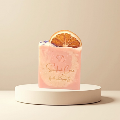 Handmade citrus soap bar with orange peel powder, shea butter, kaolin clay and botanical oils for refreshing skincare and self-care rituals by Snuzhat Care