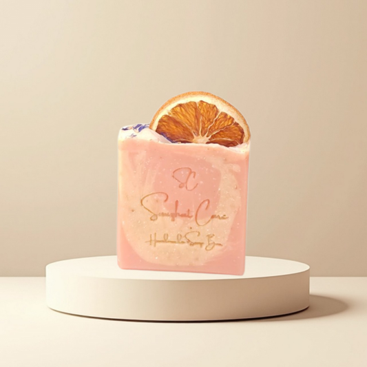 Handmade citrus soap bar with orange peel powder, shea butter, kaolin clay and botanical oils for refreshing skincare and self-care rituals by Snuzhat Care