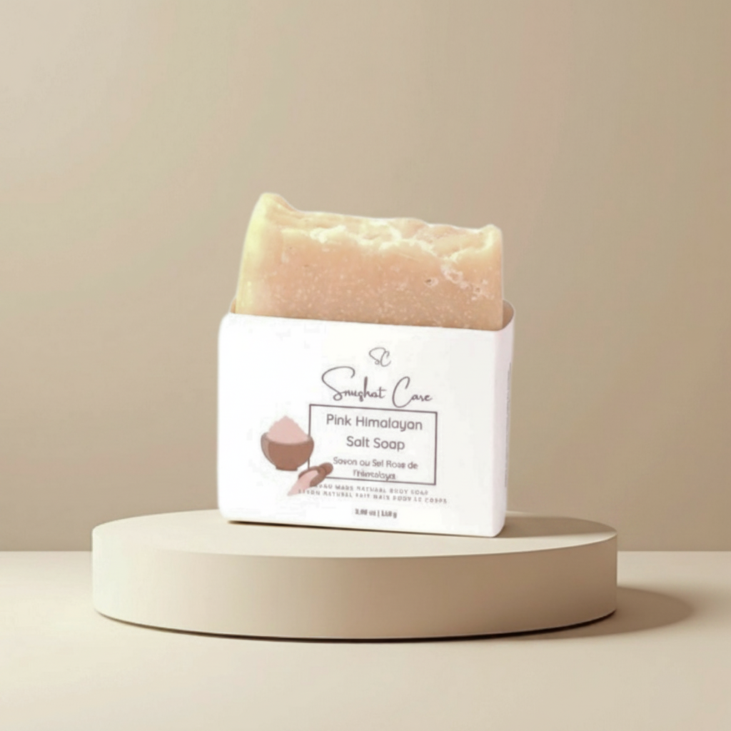 Handmade pink Himalayan salt soap bar with shea butter, avocado oil and kaolin clay for gentle exfoliating botanical skincare by Snuzhat Care