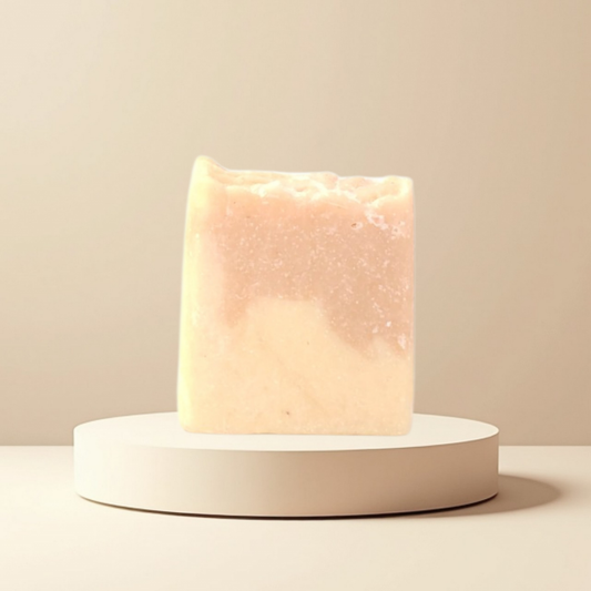Handmade pink Himalayan salt soap bar with shea butter, avocado oil and kaolin clay for gentle exfoliating botanical skincare by Snuzhat Care