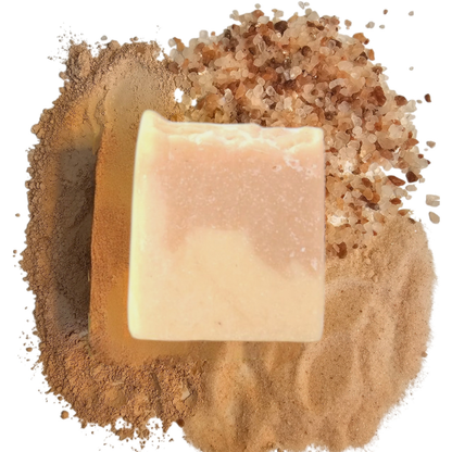Handmade pink Himalayan salt soap bar with shea butter, avocado oil and kaolin clay for gentle exfoliating botanical skincare by Snuzhat Care