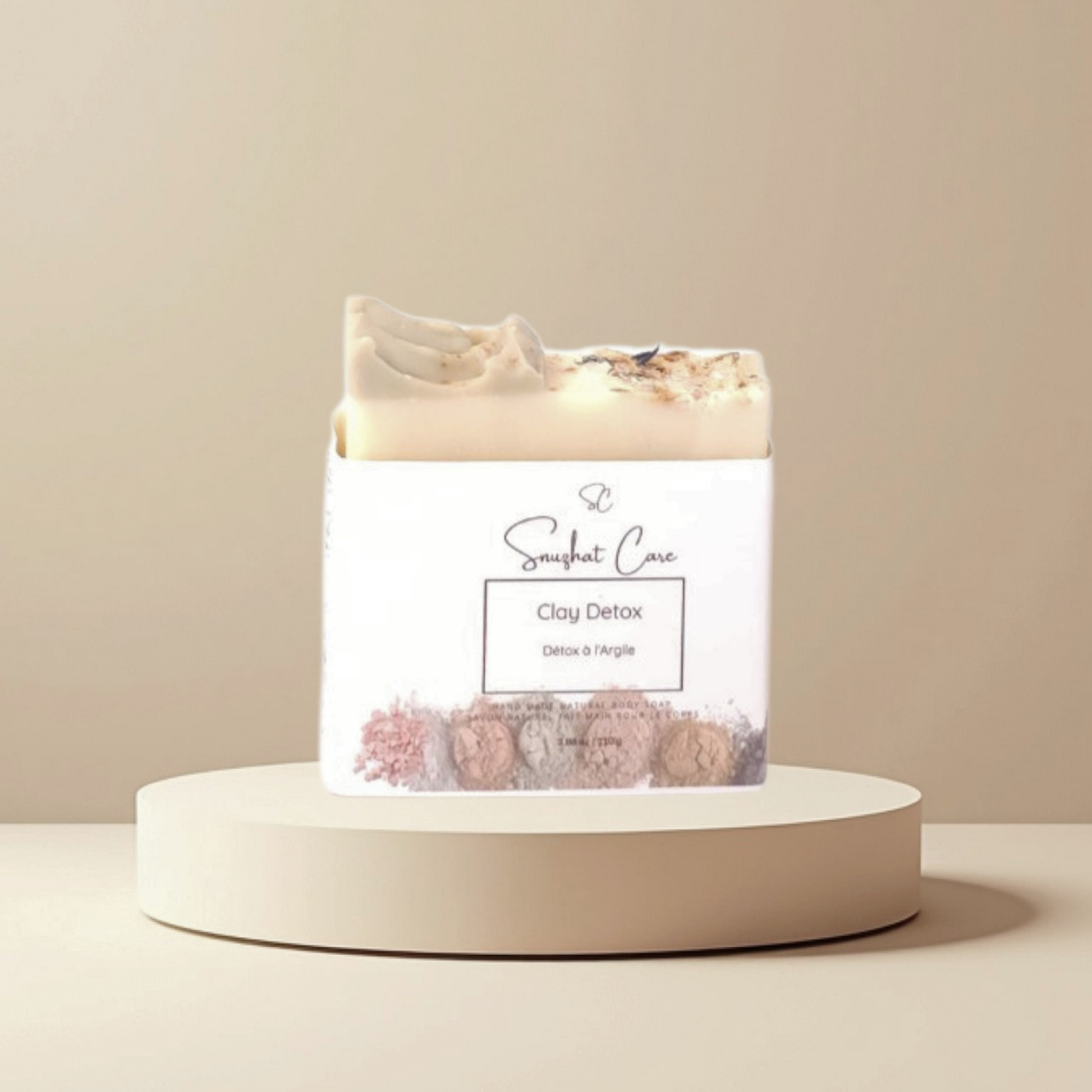 Handmade clay detox soap bar with kaolin clay, bentonite clay, shea butter and botanical oils for refreshing cleansing skincare by Snuzhat Care